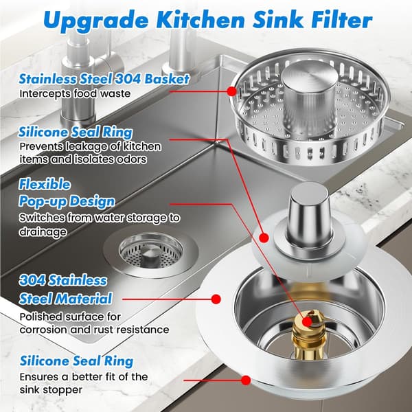 3-i-1 Pop-Up Afløbsprop i Rustfrit Stål - Universal 75-87mm Køkkenafløbsprop med Anti-Tilstopningskurv & Filter, Kromfinish