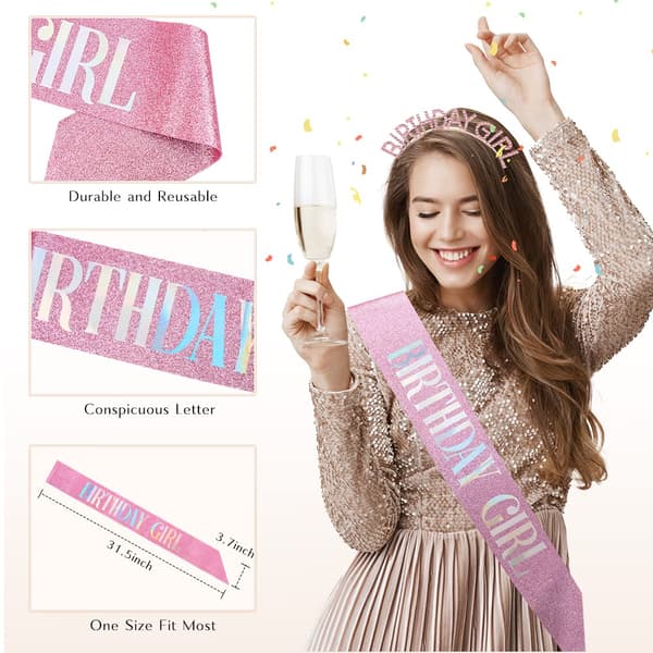 Glitter Bursdagsbelte, Tiara og Rhinestone Hårbåndsett - Rosa Bursdagstilbehør til Ham Rosa Glitter
