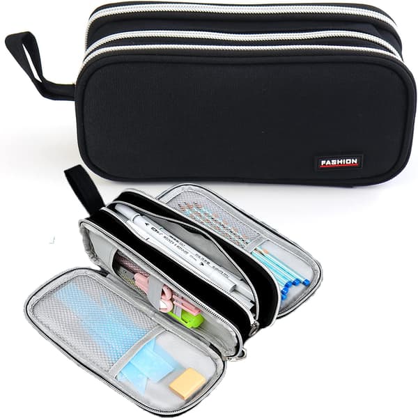 Black School Pencil Case with Large Capacity, 3 Compartments