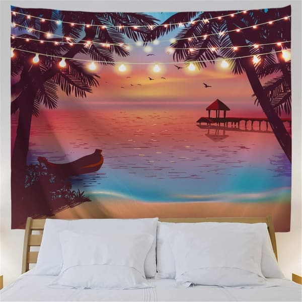 80 tommer x 60 tommer, tropisk strandteppe, havskyst ved solnedgang