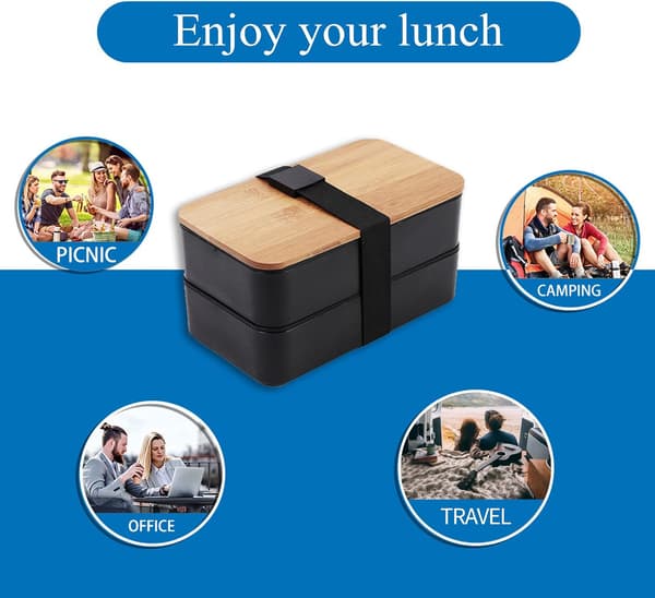 Japanese Bamboo Bento Box with Compartments and Cutlery, Stackable Lunch Box, Includes a Lunch Bag for Meal Prep.