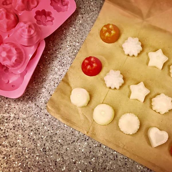 3 dele, lyserød, blå, orange, silikoneforme, fondant med 12 hulrum
