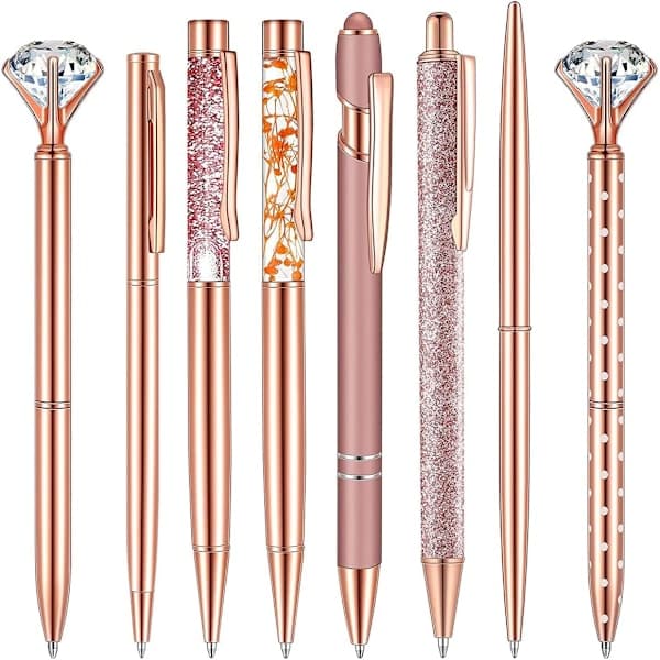 8 stk krystall diamantpenner, rosegull metallkulepenn
