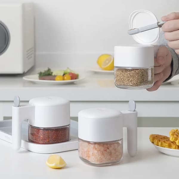 Automatic Opening Spice Jar with Spoon and Airtight Lid, 250ml Spice Container for Salt and Sugar Moonlight White moonlight white