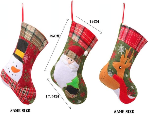 3 st julstrumpor, tomte, snögubbe och renar, stora