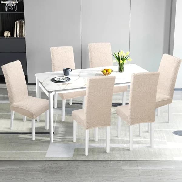 4-pakning Julestoltrekk, stretch, avtagbare og vaskbare spisestue Blad-beige 6