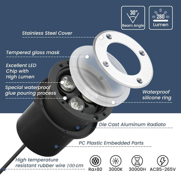 Ocean 4-pakning utendørs LED-innfelt spotlight - Varmhvit, 3W IP65
