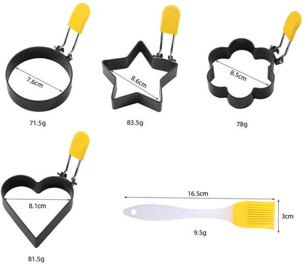 Egg Ring Set, 5 Pieces with Oil Brush, Foldable Handle Molds: Circle, Star, Flower, Heart, for Pancakes