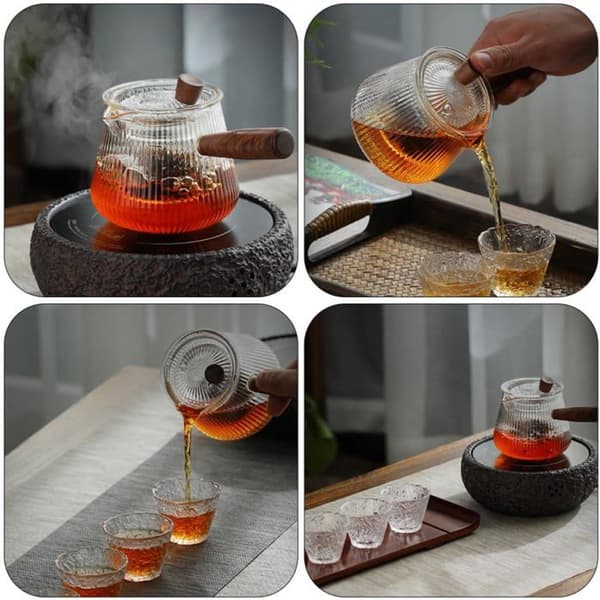 Tekande i borosilikatglas med træ-infuser, induktionskompatibel, stor kapacitet, holdbar