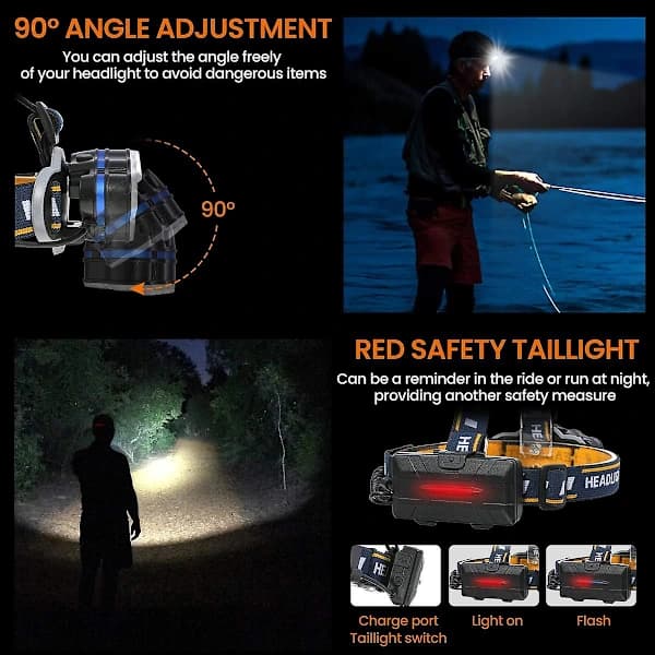 Vinter 8-modus oppladbar LED-hodelykt, supersterk 8 LED-hodelykt, med varsellys, USB og 2 vanntette batterier, for camping, ...