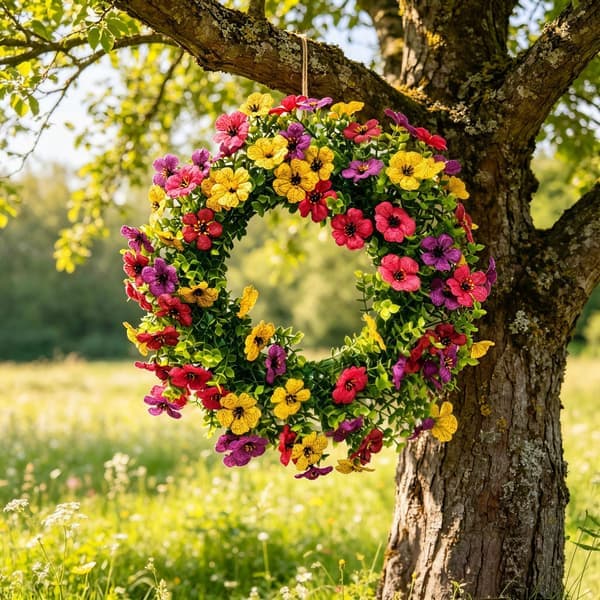 Kunstig blomsterkrans, egnet for utendørs og innendørs bruk, UV-bestandige planter