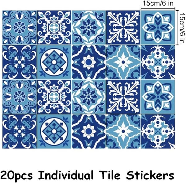 Blue & White Moroccan Tile Stickers - 15x15cm Peel & Stick Wall Decals[JUN]