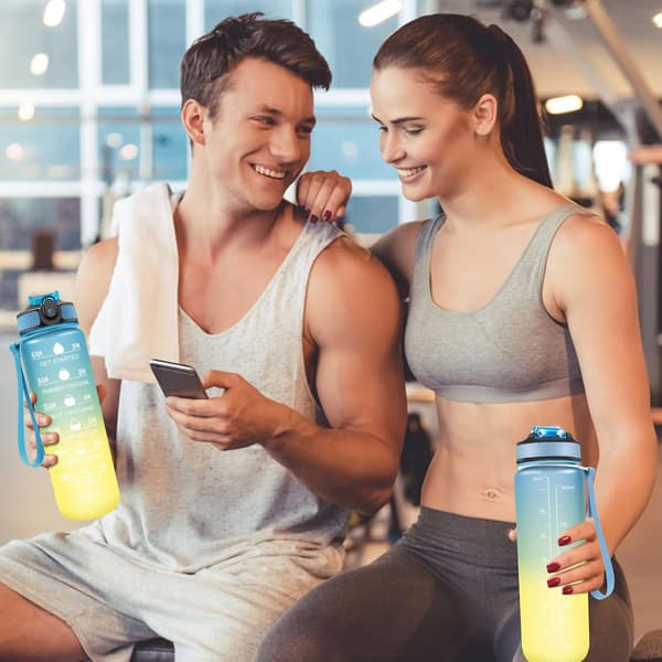 Blue + Yellow - 1 x Water Bottle - 1 Liter - with Timer and Strap