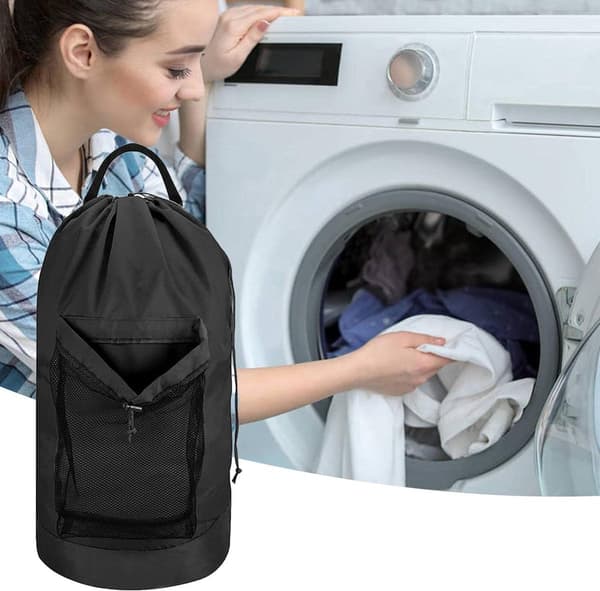 Laundry Backpack, 600D Oxford Fabric, Adjustable Straps, Mesh Pocket, Drawstring Closure, For University, Travel And Laundromat, Black
