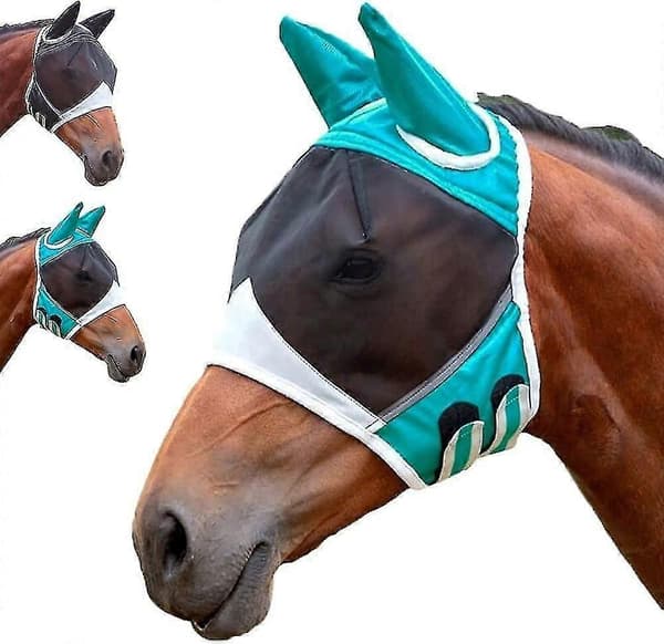 Horse Fly Mask with UV Protection, Ears, Forelock Hole, Reflective Trim, Stretchy Breathable Fine Mesh Fabric, Eye Darts and Hook and Loop Closure