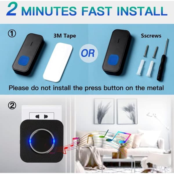 Wireless Doorbell, IP55 Waterproof, 300m Range, 55 Customizable Melodies, 5 Volume Levels, Quick Wireless Installation