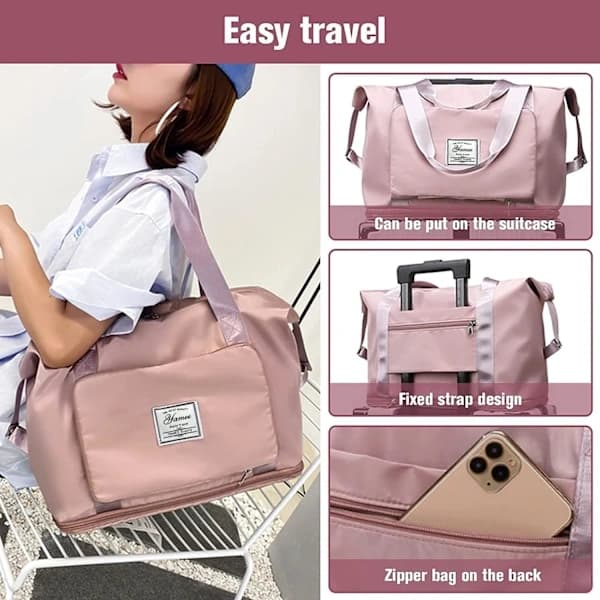 Large Foldable Travel Bag, Lightweight Waterproof Carry-on Bag with Fixed Strap - Pink