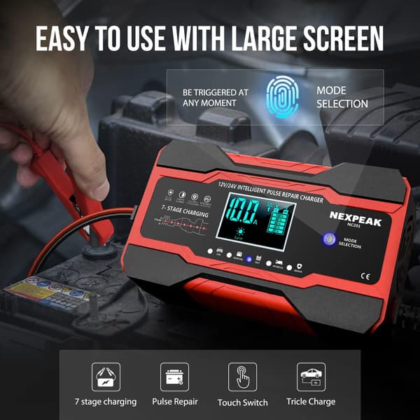 10 amp bilbatterilader, helautomatisk smart batterilader for 12 volt og 24 volt