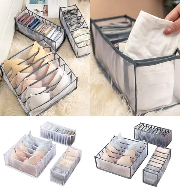 Underwear Drawer Organizer - 3-Pack Foldable Closet Divider - Underwear and Socks Storage Box for Drawer Grey