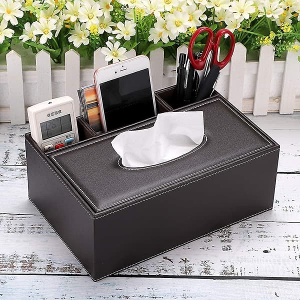 Rectangular PU Leather Tissue Box Cover - Multifunctional Tissue Box Holder with Compartments for Office Supplies, Remote Control, and Decoration