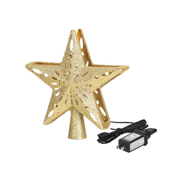 Juletræstop, 3D Roterende Lysende Juletræsstjerne med Stjerneformet Projektorlampe (Guld)