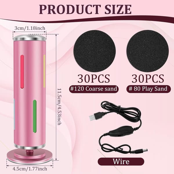 Electric Foot File, 60 Replacement Sanding Pads, Adjustable Speed, AC Powered, for Callus Removal and Foot Care, 2-Pack Pink