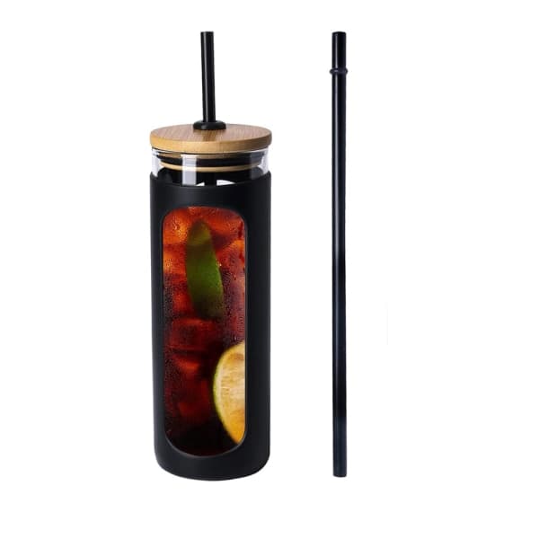 24oz Glas Vattenflaska med Bambulock och Sugrör, Bred Mun Vattenglas, Sugrör Silikon Skyddsfodral BPA FREE-B