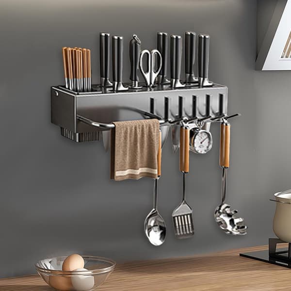 Wall-mounted drill-free kitchen utensil holder - chopstick storage, knife hook, space-saving