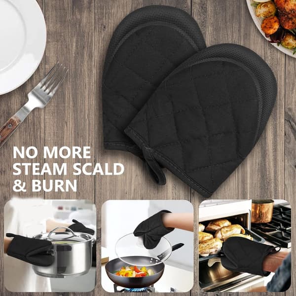 Heat Resistant Oven Mitts, Double Layer with Non-Slip Grip and Hanging Loop, for Baking, Grilling, and Cooking, Black, 2-Piece Set