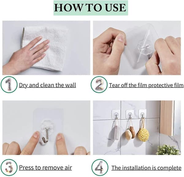 20-pack Heavy Duty Self-Adhesive Wall Hooks, Max Load 10 kg, Nail-Free Adhesive Hangers