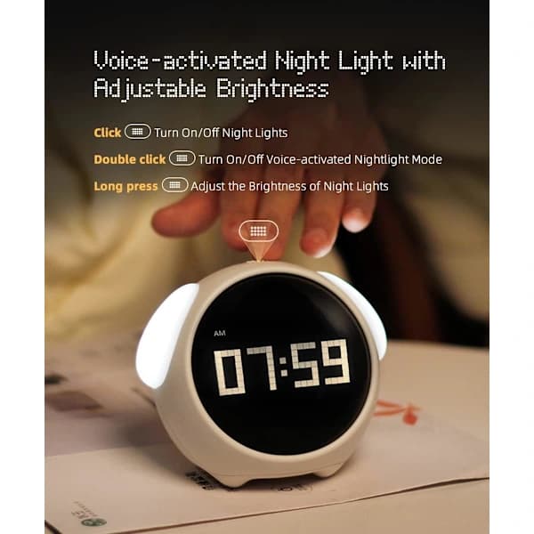 (Pow yeah!) Kids Alarm Clock, Dual Alarm, Adjustable Brightness Night Light, Voice Activated, Temperature Detection, Clock Pink