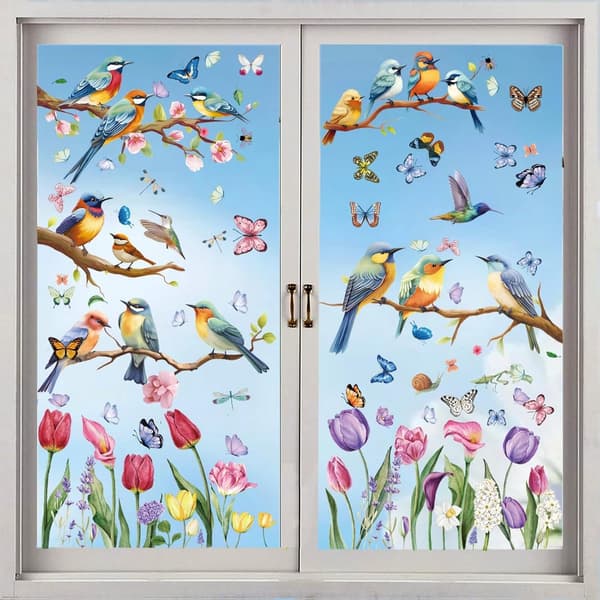 Anti-collision Window Decals, 78 Pieces (Butterflies, Birds, Tulips) for Spring and Summer