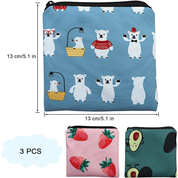 Hygieniasideiden säilytyspussi, 3 kpl hygieniasiteiden säilytyspussit vetoketjulla 13x13 cm, ensimmäisen kuukautiskerran pussi tytöille, naisille, naisille