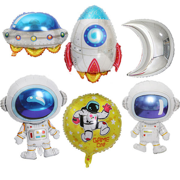 6 stk. Astronaut Balloner, Gigantiske Rumskibsballoner, Runde Aluminium