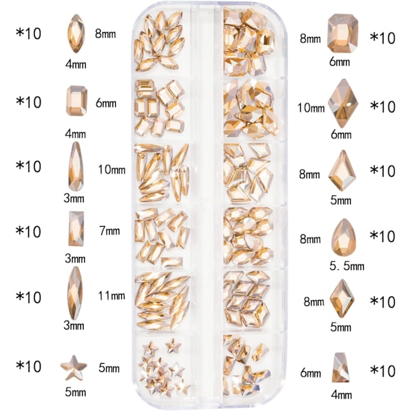 Nagelstenar - 3100 st 3D Flera Former Storlekar Kristall, Champagne Guld Nagelstenar, Platta Bak, med Kit, för Nagelkonst, DIY Dekorationer