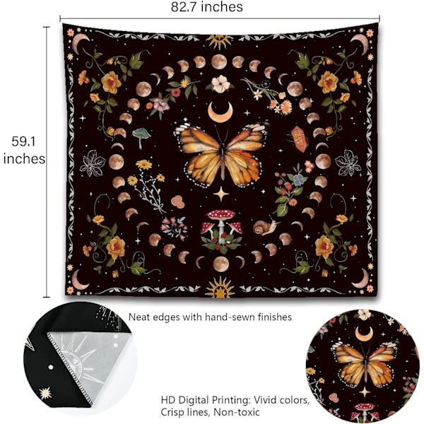 Nature Plant Butterfly Tapestry, Moon Phase Tapestries Aesthetic