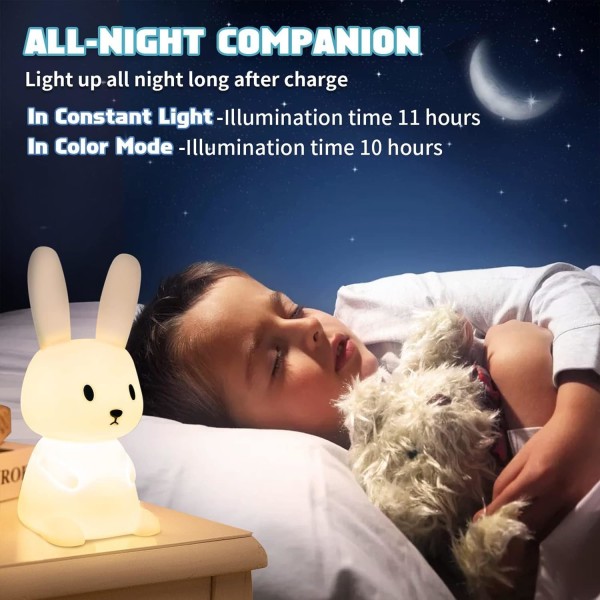 Baby Bunny Night Light med 7 lysendringer Trykkkontroll USB-lading