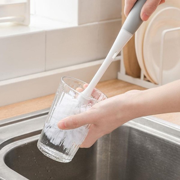 Sett med 2 hvite flaskebørster, flaskebørste med langt håndtak, babyflaskebørste, rengjøringsbørste for glassflasker, kopp
