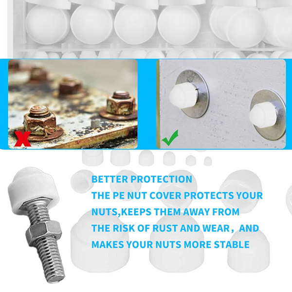145 Stykker Plast Dome Mutterhetter, Sekskantet Beskyttelsesmutter, Svarte Bolt Mutterhetter for Maskineri Møbler Kjøretøy - M4/M5/M6/M8/M10/M12 (Hvit)