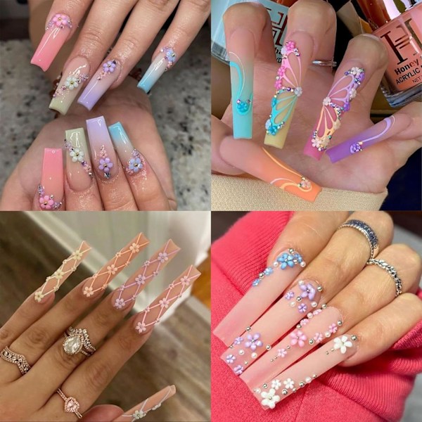 3D Blomster Nagelkonst Charm Färgglada Nagelcharm för Akrylnaglar Guld Silver Pärlor Nageltillbehör Rhinestones Vårblommor Ädelstenar Nageltillbehör för