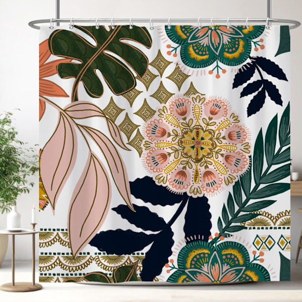 Boho Blomster Dusjforheng Midtårhundre Fargerikt Blomster Badforheng Tropiske Planteblader Dusjforheng Vanntett Badekarforheng 180x180cm