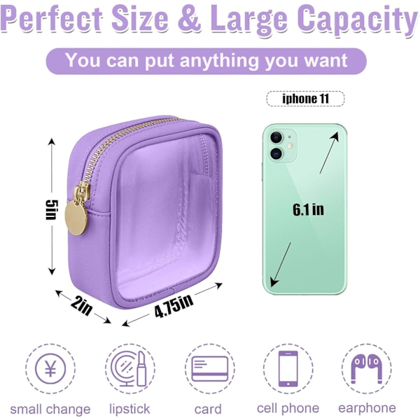 (Lilla) Mini Gjennomsiktig Reise Sminkeveske Organizer for Veske, Liten Søt Sminkeveske Preppy Kosmetisk Glidelåsveske, Transparent PVC & Nylon Reise Co