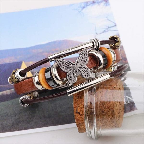 Bohemian Nahkarannekorut Miehille ja Naisille Vintage Punk Alloy Butterfly Key Säädettävä Helmillä Koristeltu Kierretty Monikerroksinen Punottu Mansetti Rannekorut Ranne D