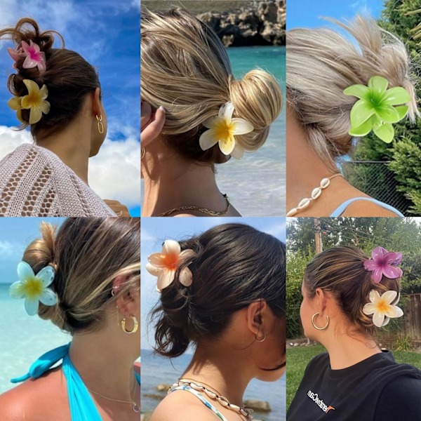6 Pakke Hawaiisk Plumeria Hårtilbehør - Store Klyper for Tykt og Tynt Hår, Tropiske Hårklyper for Kvinner og Jenter
