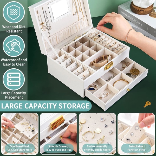 Smykkeskrin, 2 lag (hvit) med speil smykker Organizer Vel