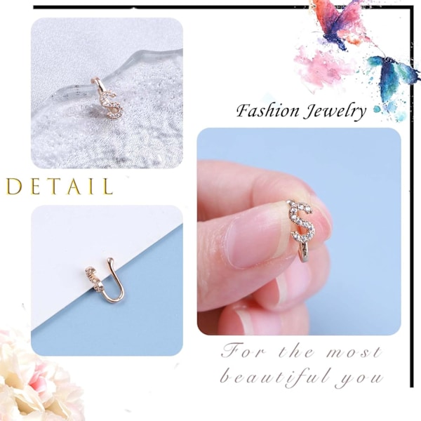 Crystal Initial Næsering Guld Fake Septum Næseringe Kobber Indlagt Zircon Bogstav S Næsemanchet Lille Alfabet U-formet Clip On Næsering Bøjelig Non Pi