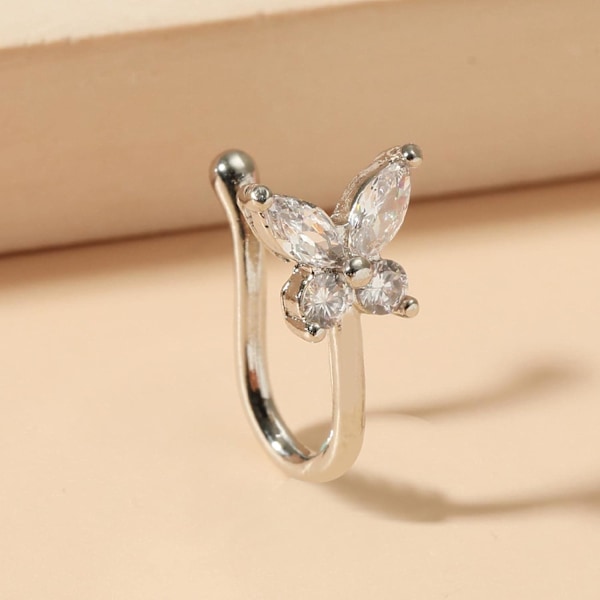 Kristallfjäril Septum Näsringar - Små, U-formade, Clip On, Böjbara Studs - Silver, Falska, Smycken för Kvinnor