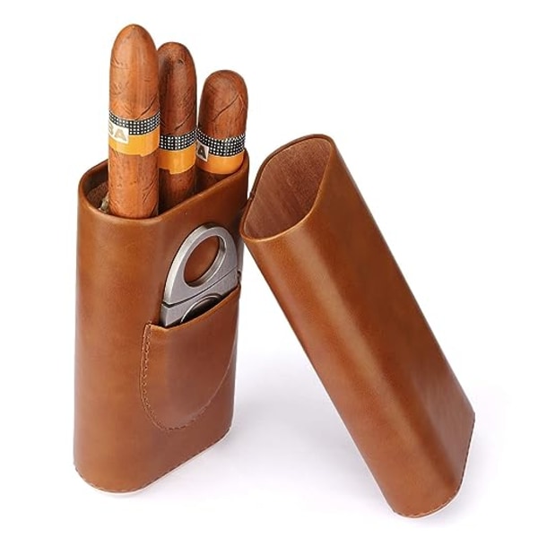 Högkvalitativt brunt lädercigarrfodral för 3 cigarrer Cigarrhumidifier