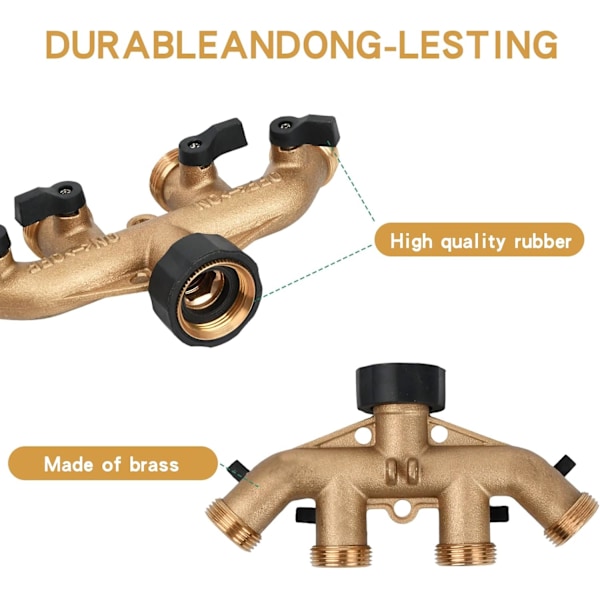 Vannsplitter, 4-veis messingkran hagefordeler, hageslange splitter med separat ventil, 3/4\" vannkobling, for hagevanning, utendørs