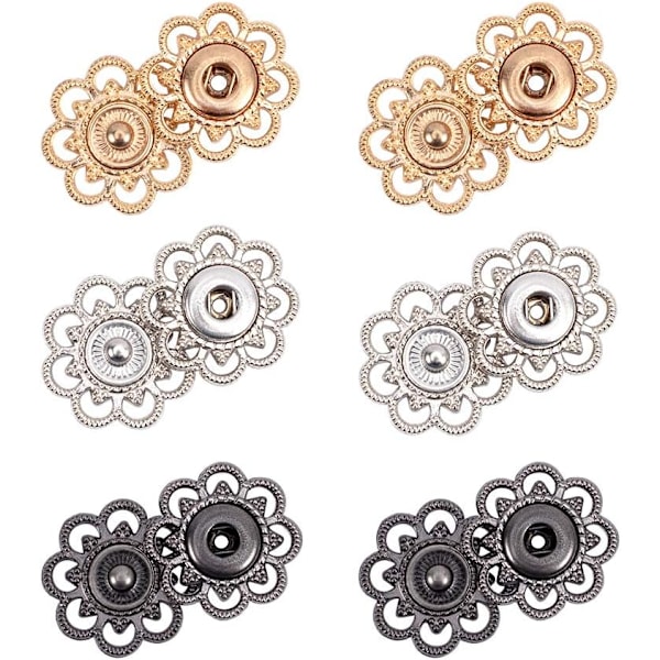 24 Sett Legering Blomst Trykknapper, 3 Farger Vintage Metall Sy På Trykknapp Fester Klesfester 2.1cm